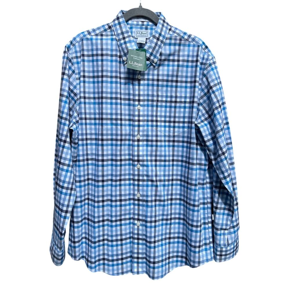 L.L.Bean Wrinkle free cotton plaid button down shirt dress shirt casual Blue NWT